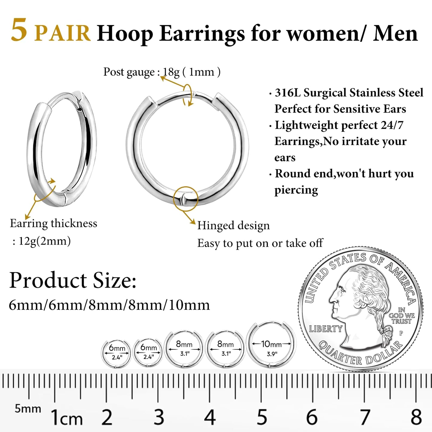 316L Stainless Steel Small Hoop Earrings Set for Women, Cute Huggie Earrings for Women, Hypoallergenic Tiny Cartilage Earrings Hoop Silver Hoop Earrings for Men Multiple Piercing Jewelry Gift A1-Silver 5 Pairs 6/6/8/8/10(THK 2MM)