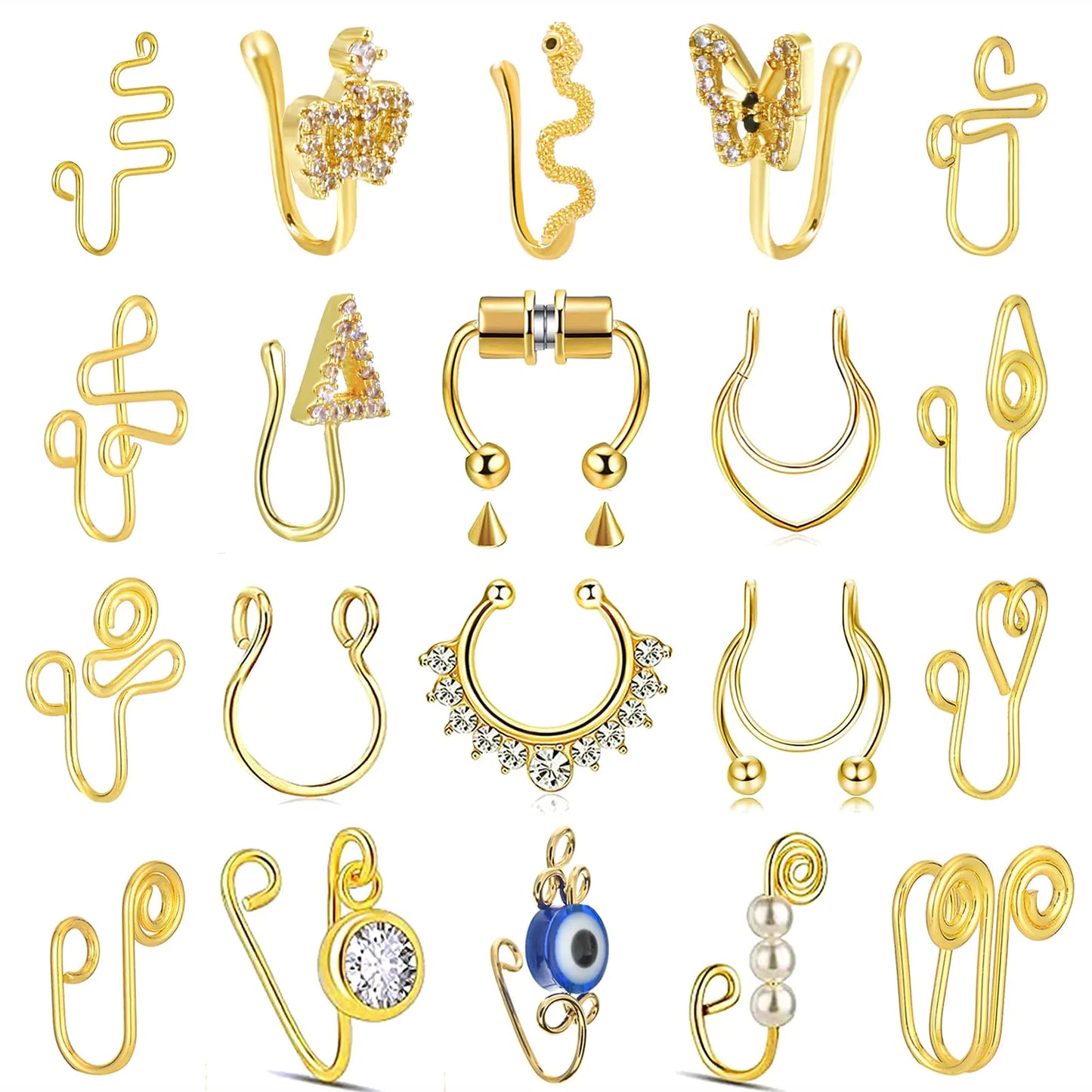 Fake Nose Ring Hoop Fake Septum Fake Nose Ring Stud Faux Fake Nose Ring Piercing Nose Cuffs for Non Pierced Nose Magnetic Nose Ring Jewelry for Women Men 20 Pcs-Gold