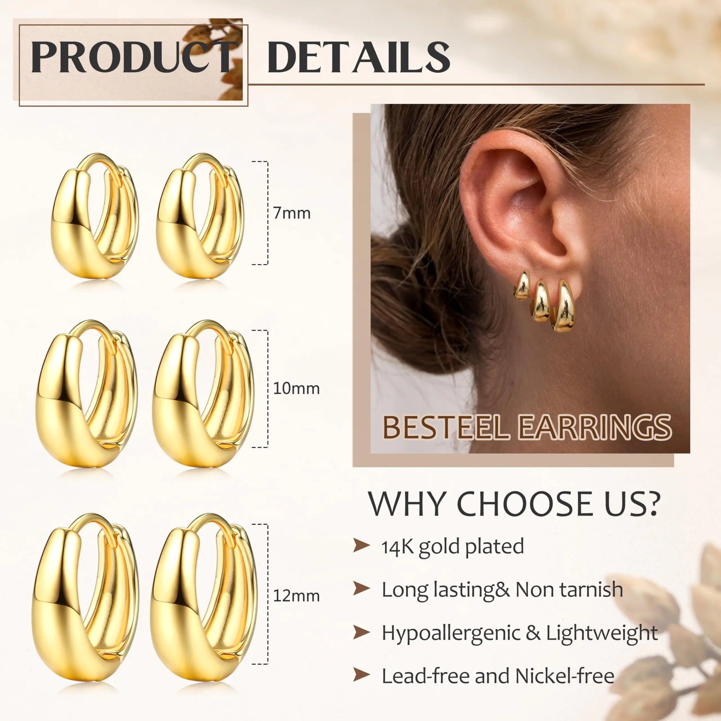 BESTEEL 3Pairs Gold Hoop Earrings Set for Women Chunky Gold Silver Hoop Earrings 14K Gold Filled Hypoallergenic Small Huggie Hoop Earrings Tiny Gold Trendy Thick Hoop Earrings Stacks for Multiple Piercing 14K gold plated