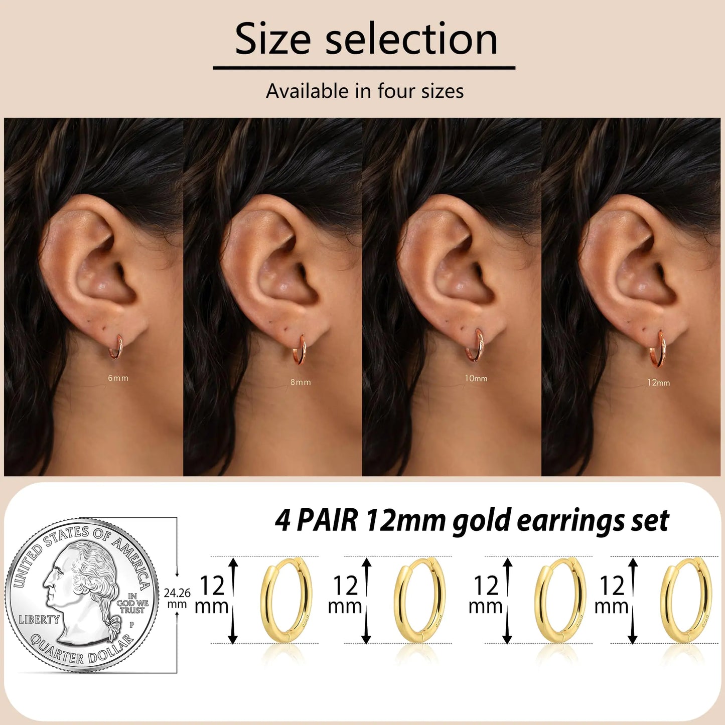 Small Gold Huggie Hoop Earrings Set for Women 14K Real Gold Plated Hypoallergenic Lightweight Earrings for Sensitive Ears Everyday Earrings Sets for Multiple Piercing Cartilage Hoop Earrings Stack Jewelry 12mm/12mm/12mm/12mm Rose Gold