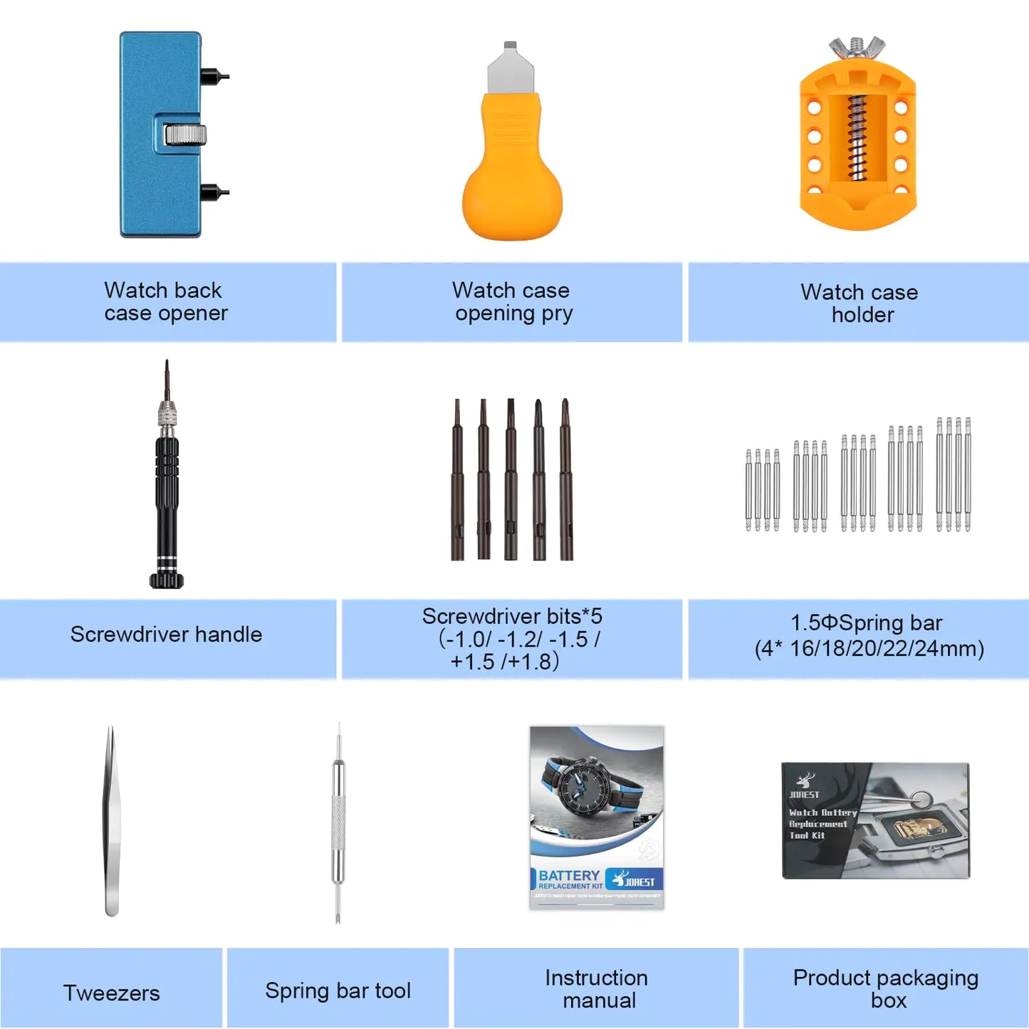 JOREST Watch Battery Replacement Kit, Watch Repair Screwdriver, Watch Band Replacement tool, Watch Wrench Back Remover, Watch Case Opener, Watch Back Remover Holder, Spring bar, Tweezers